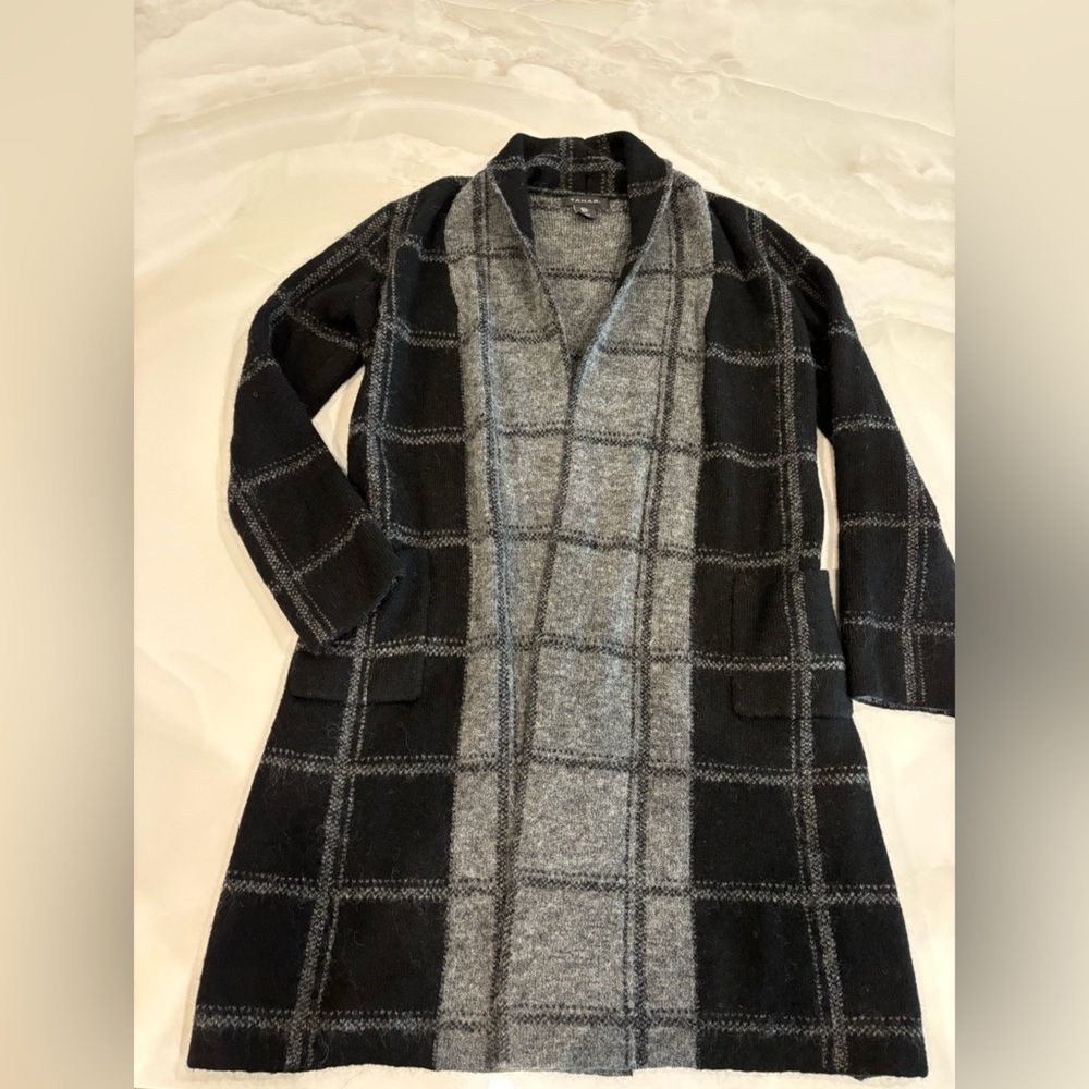 Tahari Black and Gray Plaid Sweater Cardigan